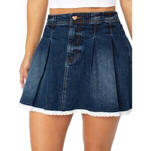 Celebrity Pink Denim Lace Hem Pleated Mini Skirt Size SM Y2K Preppy Casual